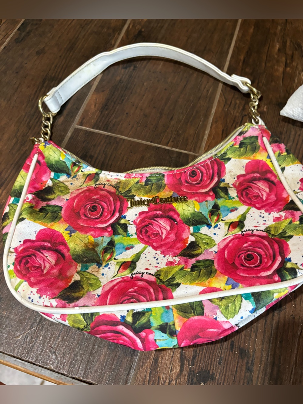 Juicy Couture Pink Rose Print Shoulder Bag with White Trim